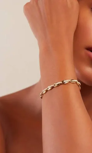 Gold Color Fashion European Women Jewelry Micro Pave CZ Oval Beaded Link Chain Bracelet