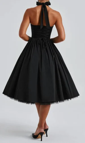 Elegant Sleeveless Midi Dress with Tie-up Halter Neck and Open Back Women s A-line Tank Dress in Solid Color Cross Design