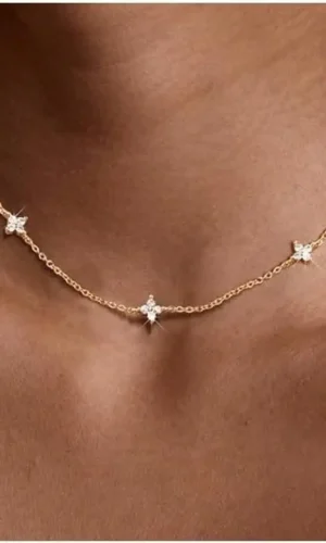 Gold Clover Heart Pearl Butterfly Flower Choker Necklace for Women, Dainty 14K Gold Plated Cubic Zirconia Jewelry