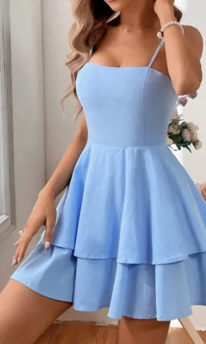 The 2025 Summer Women's Light Blue Italian Thin Strap Layered Mini Dress Is A Sexy and Cute Short Party Dress
