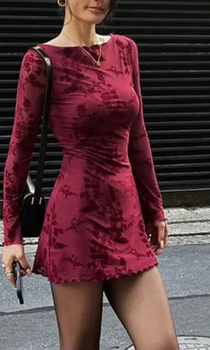 New Dresses Women Autumn O-Neck Sexy Wine Red Streetwear Fashion Print Long Sleeves Dresses Lady Knitted Pullover Clothing Dress