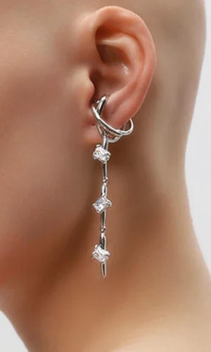 1 Pc Long Tassel Zircon Ears Cuffs Silver Color Cross Fake Cartilage Ear Clips Earrings for Women Ms Wedding Daily Jewelry Gift