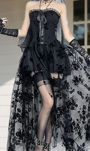 Black Lace Off Shoulder Maxi Dress for Women Vintage Victorian Gothic Embroidered Sleeveless A-Line Gown with Mesh Insets