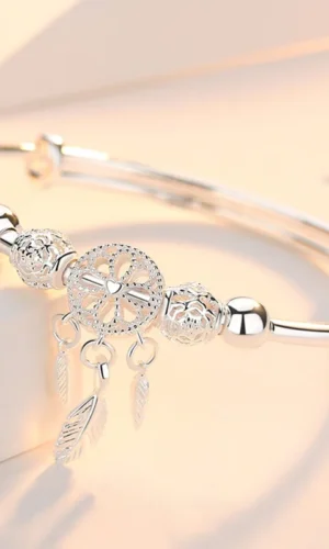 Adjustable 999 Sterling Silver Dreamcatcher Tassel Feather Round Bead Charm Bracelet Women Bangle Boutique Jewelry Accessorie