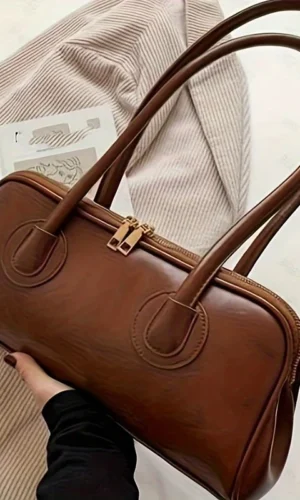 1pc Fashion Faux Leather Shoulder Bag, Elegant Handbag with Stitching Detail, Versatile Top-Handle Purse