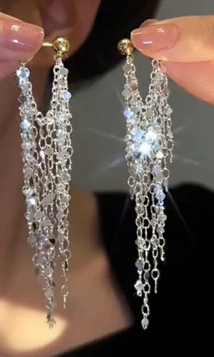 Fashion Statement Silver Color Long Metal Chain Bling Tassel Earrings for Women Wedding Party Earrings Hot Jewelry Pendant Gifts